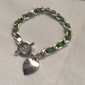 Silvertone Curb Chain with Green Ribbon Heart Bracelet